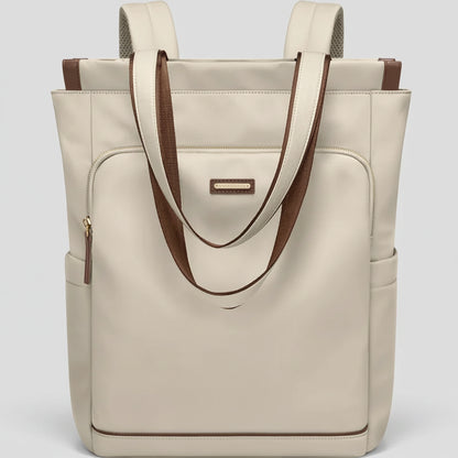 Beige tote bag with brown accents on a white background