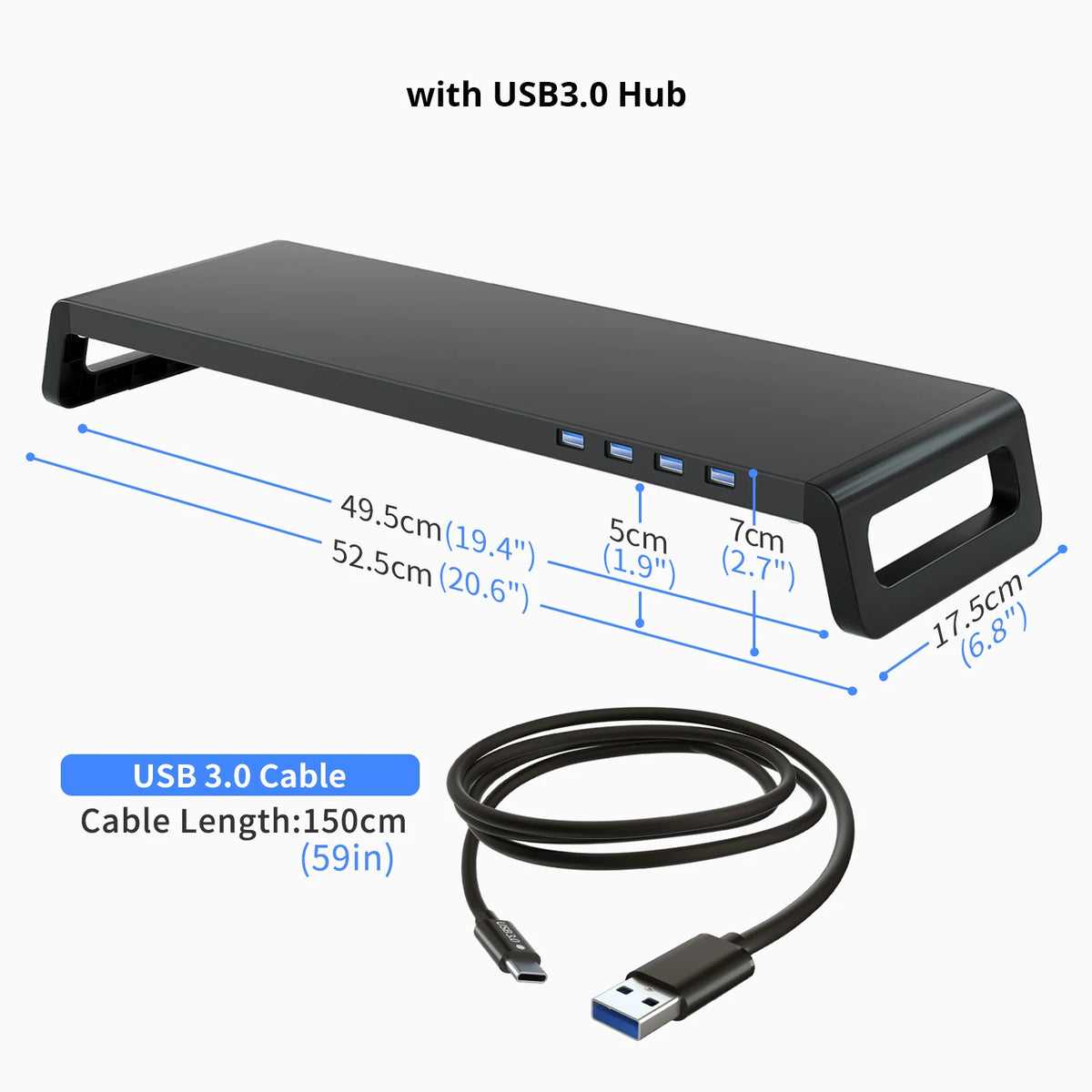 Black USB 3.0 hub with USB cable, showing dimensions on a white background