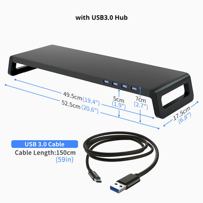 Black USB 3.0 hub with USB cable, showing dimensions on a white background