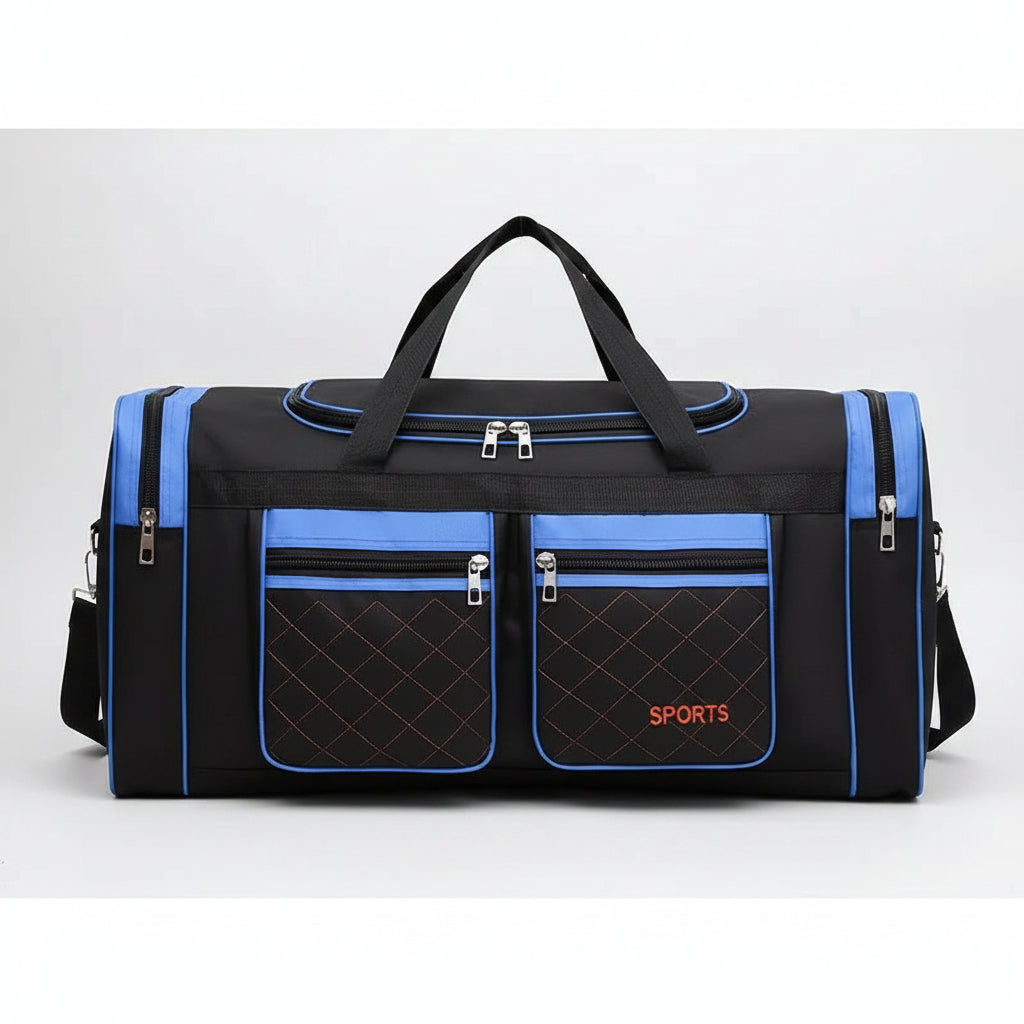 Black and blue sports bag with multiple zippers on a white background