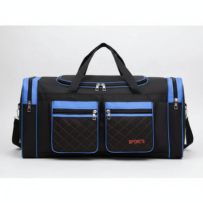 Black and blue sports bag with multiple zippers on a white background