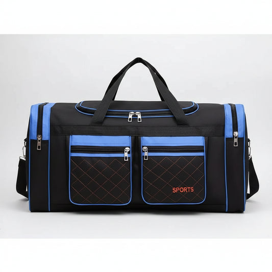 Black and blue sports bag with multiple zippers on a white background