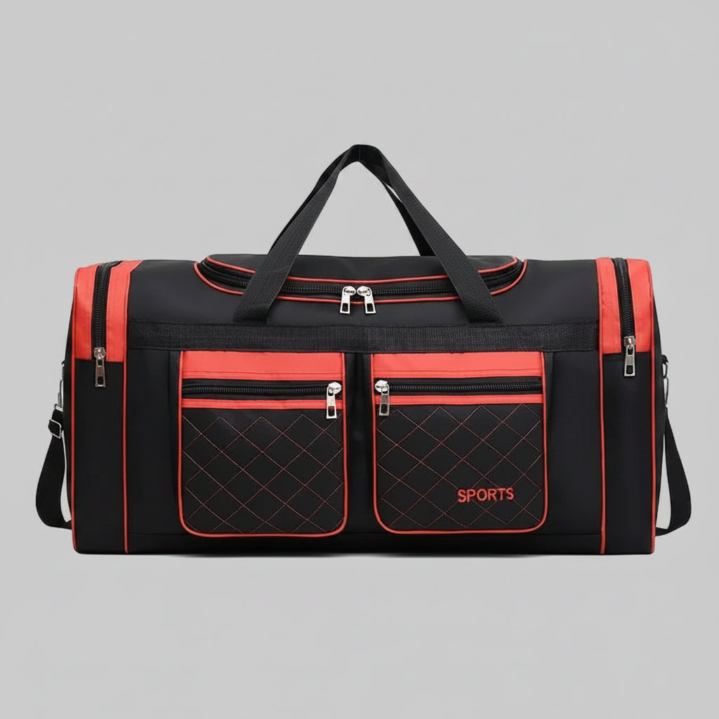 Black and red sports bag with multiple pockets and zippers on a white background