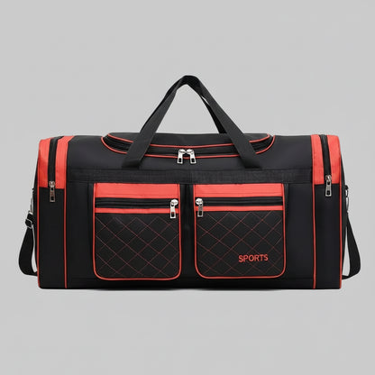 Black and red sports bag with multiple pockets and zippers on a white background