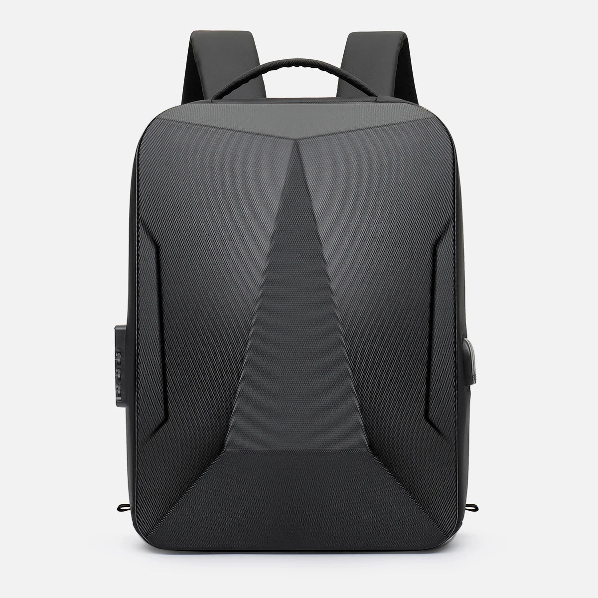 Black backpack on a light gray background
