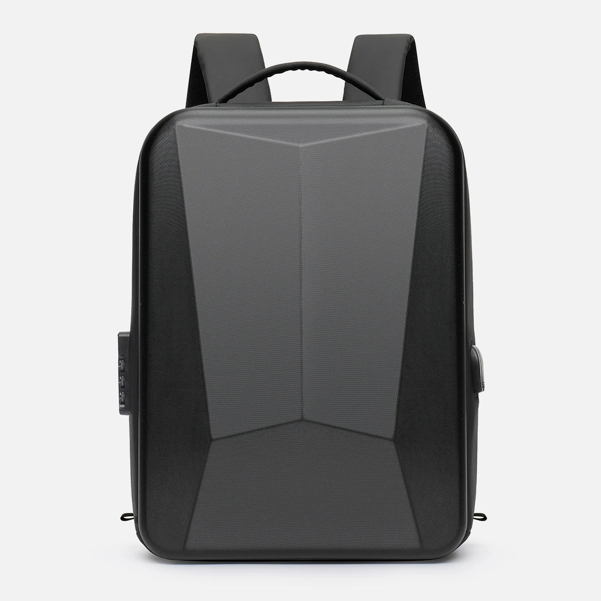 Black backpack on a light gray background