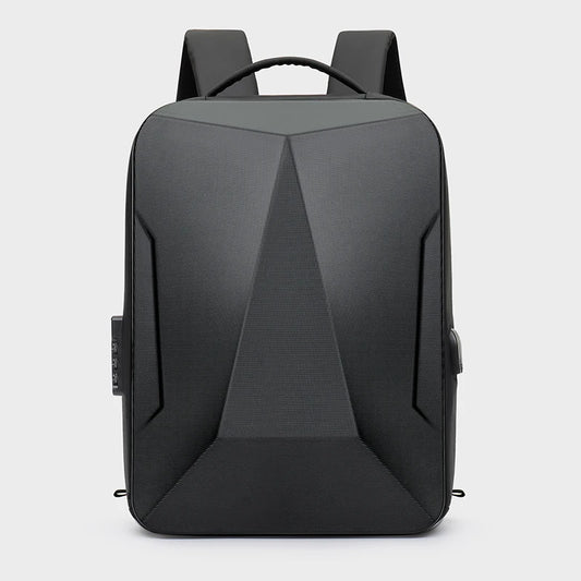 Black backpack on a light gray background