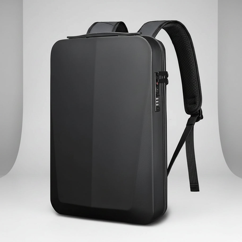 Black backpack on a white background