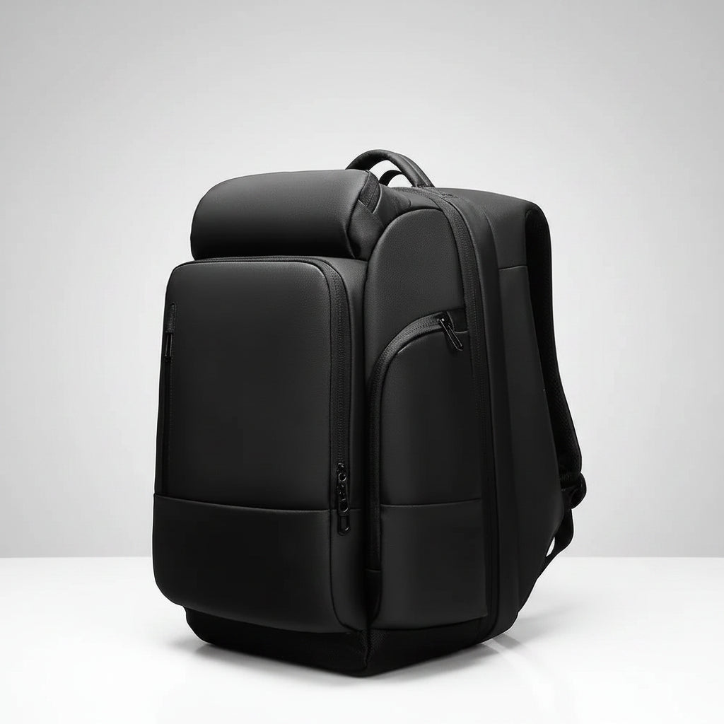Black backpack on a white background