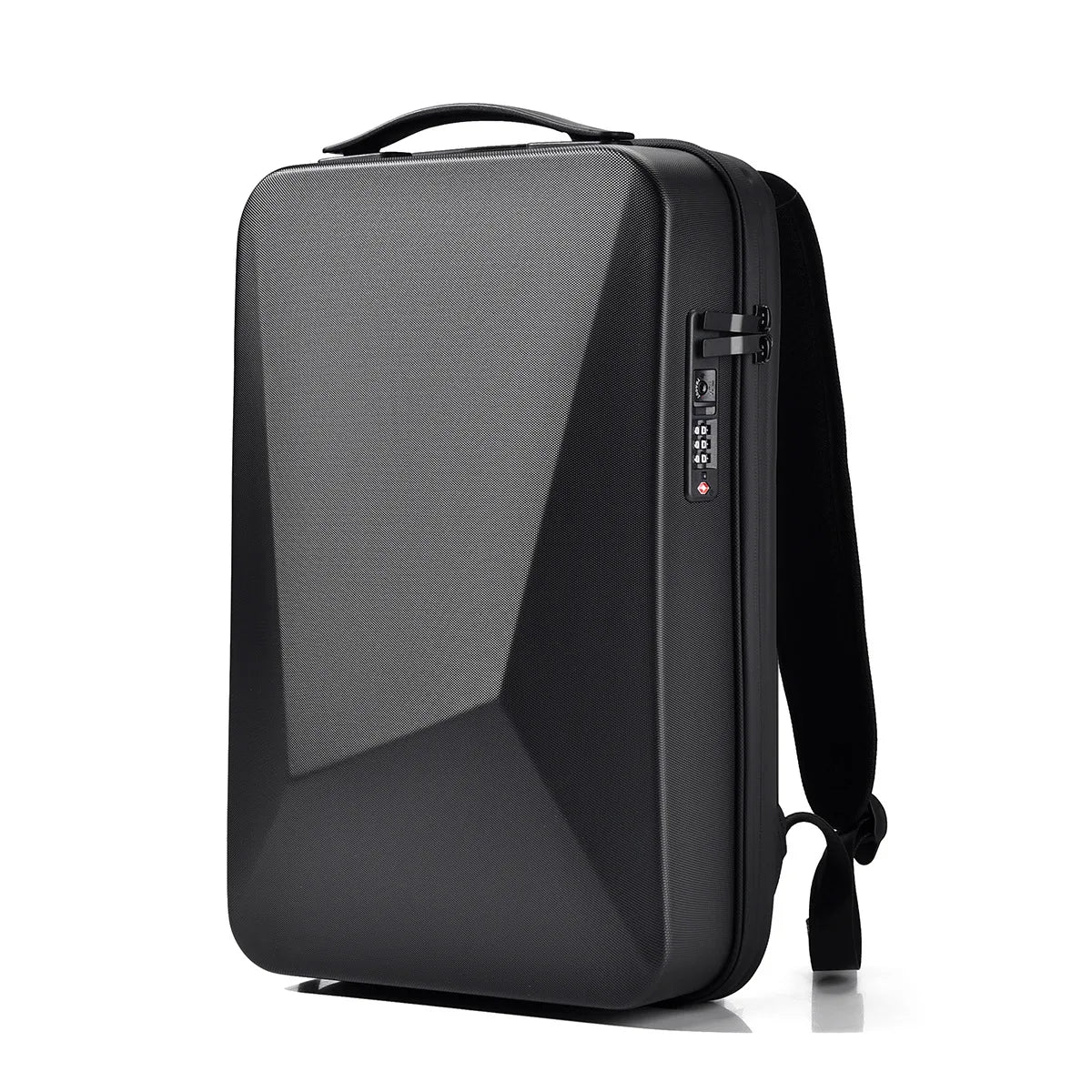 Black backpack with USB port on a white background