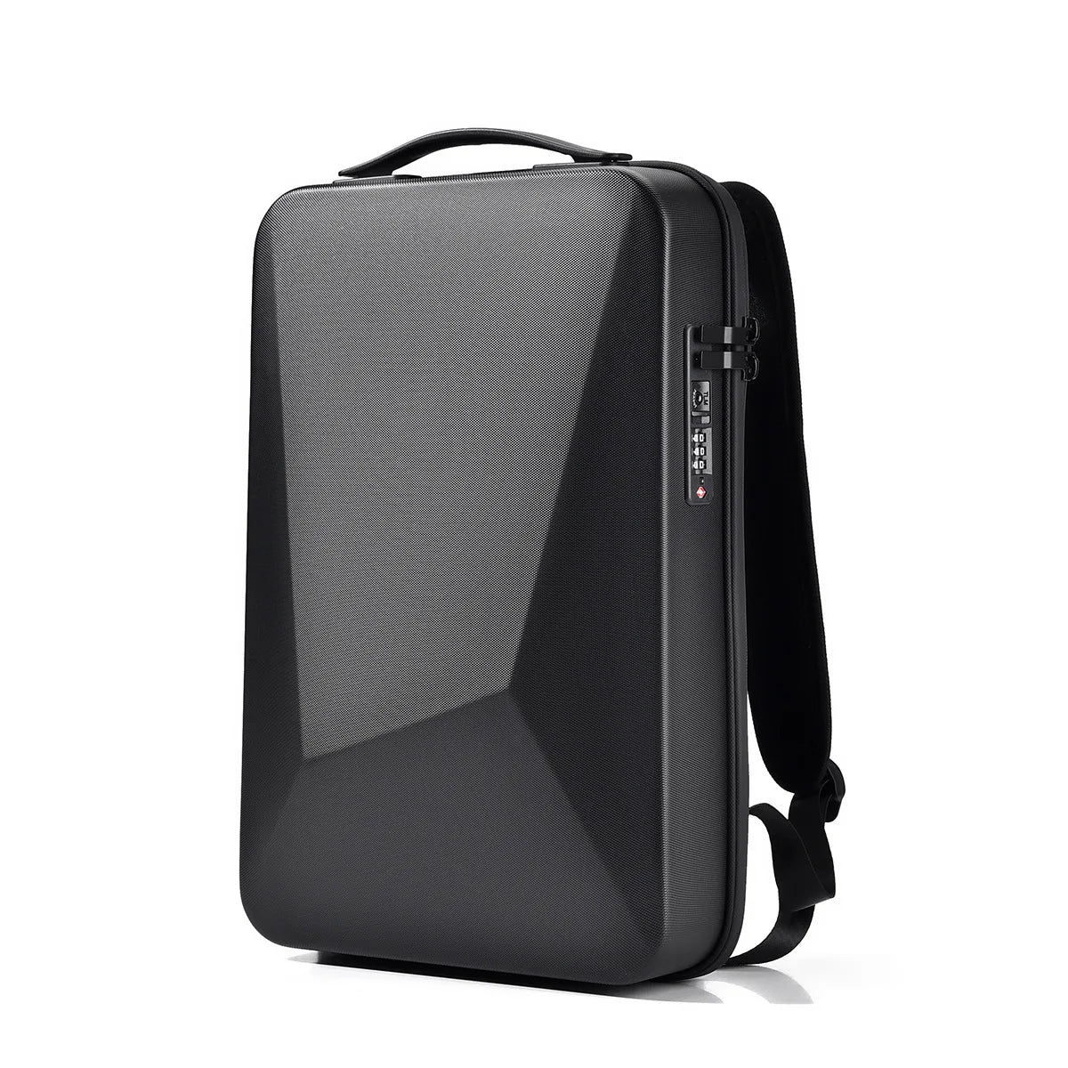 Black backpack with a reflective surface on a white background