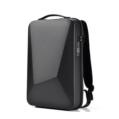 Black backpack with a reflective surface on a white background