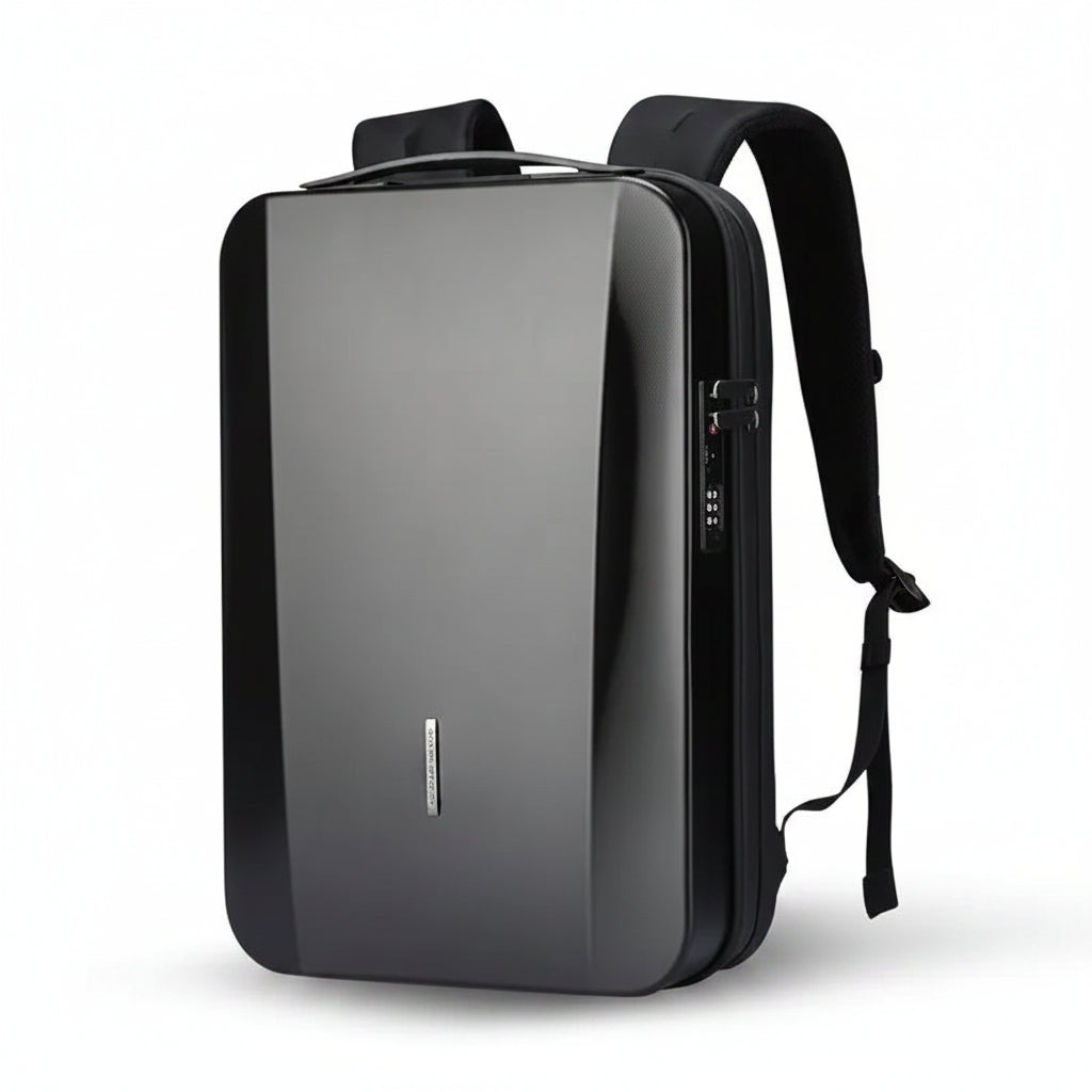 Black backpack with a sleek design on a white background