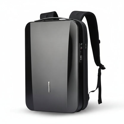 Black backpack with a sleek design on a white background