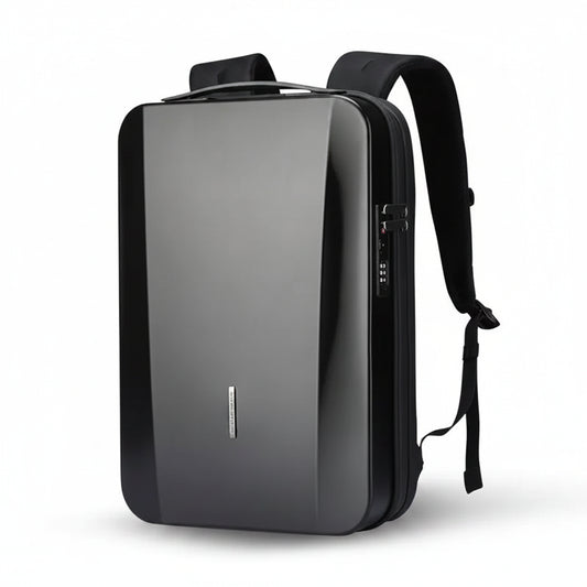 Black backpack with a sleek design on a white background