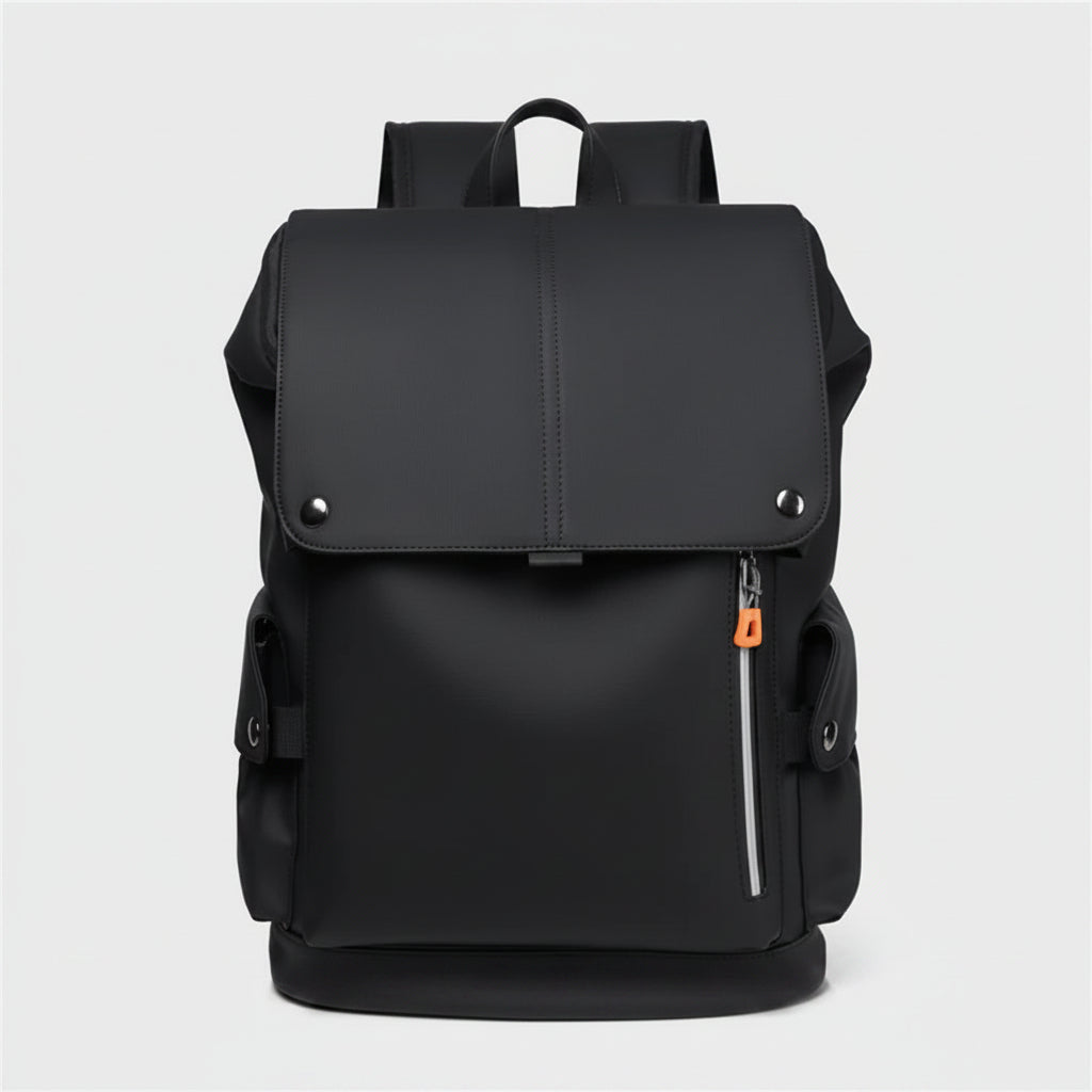 Black backpack with a small orange zipper pull on a white background
