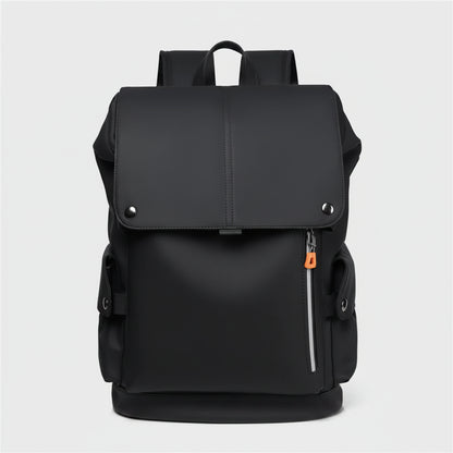 Black backpack with a small orange zipper pull on a white background