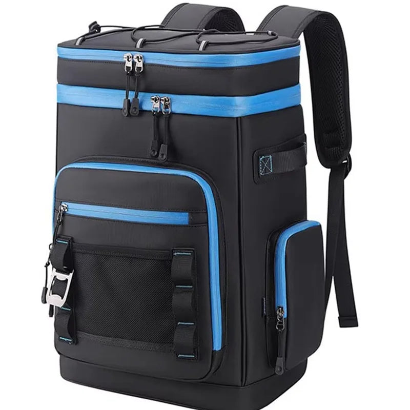 Black backpack with blue accents on a white background