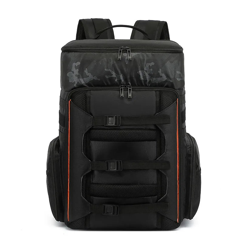 Black backpack with camouflage pattern on a white background