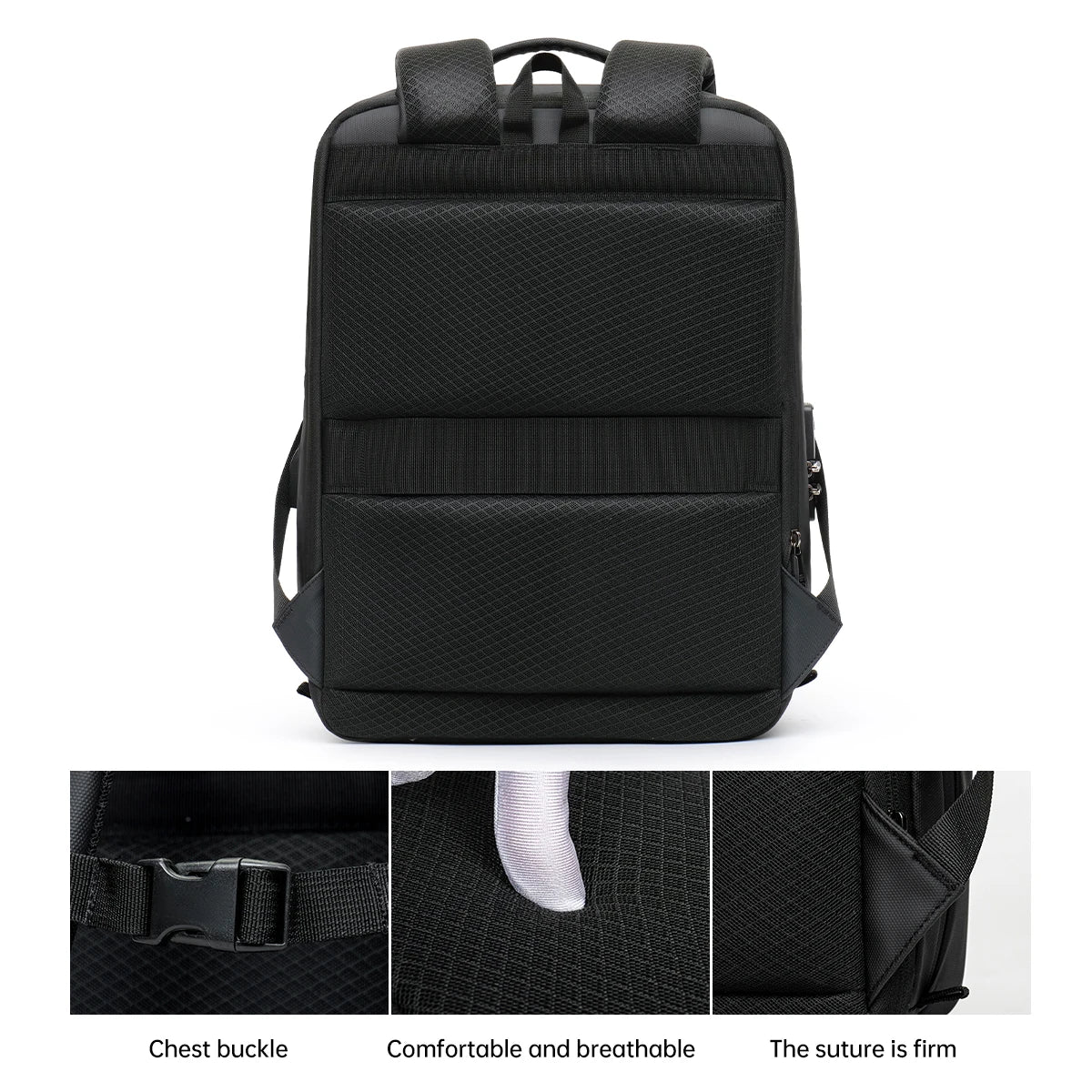 Black backpack with detailed features on a white background