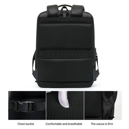 Black backpack with detailed features on a white background