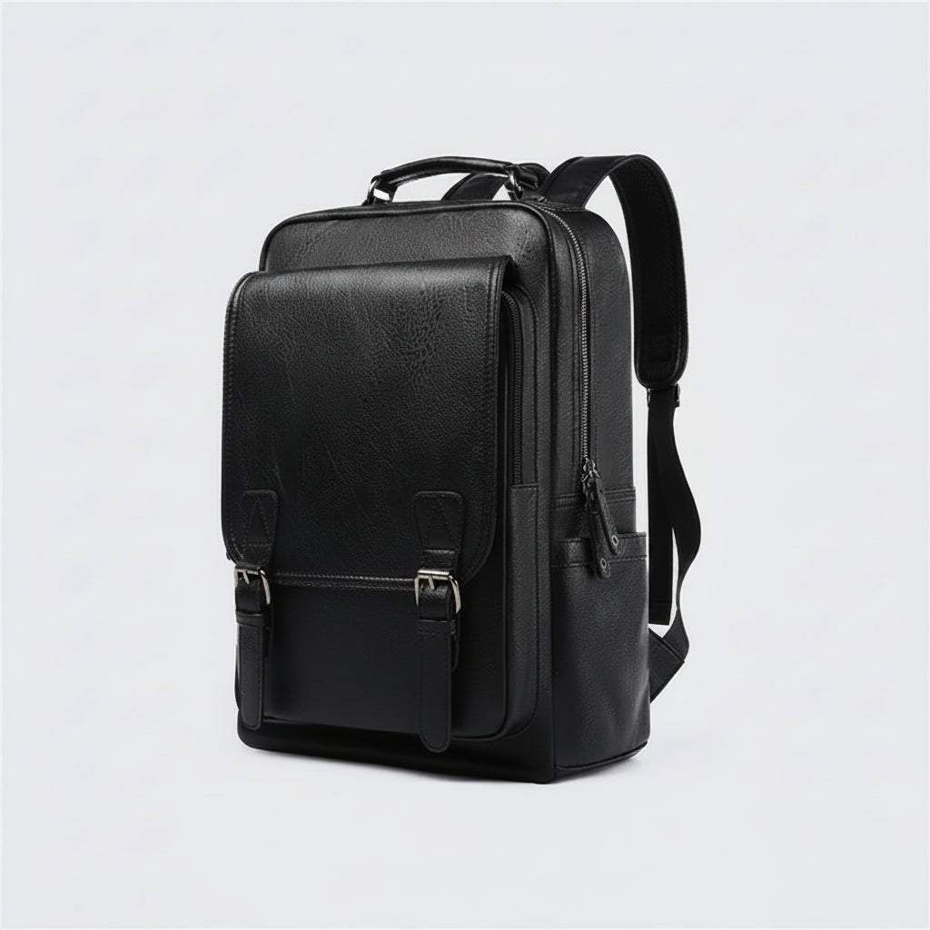 Black backpack with dimensions indicated on a white background
