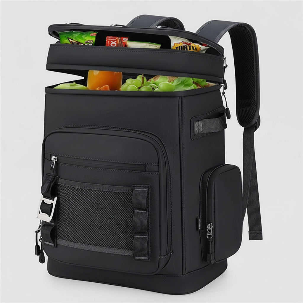 Black backpack with food items visible inside on a white background