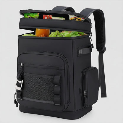 Black backpack with food items visible inside on a white background