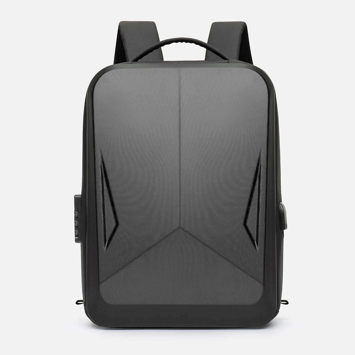 Black backpack with geometric design on a white background