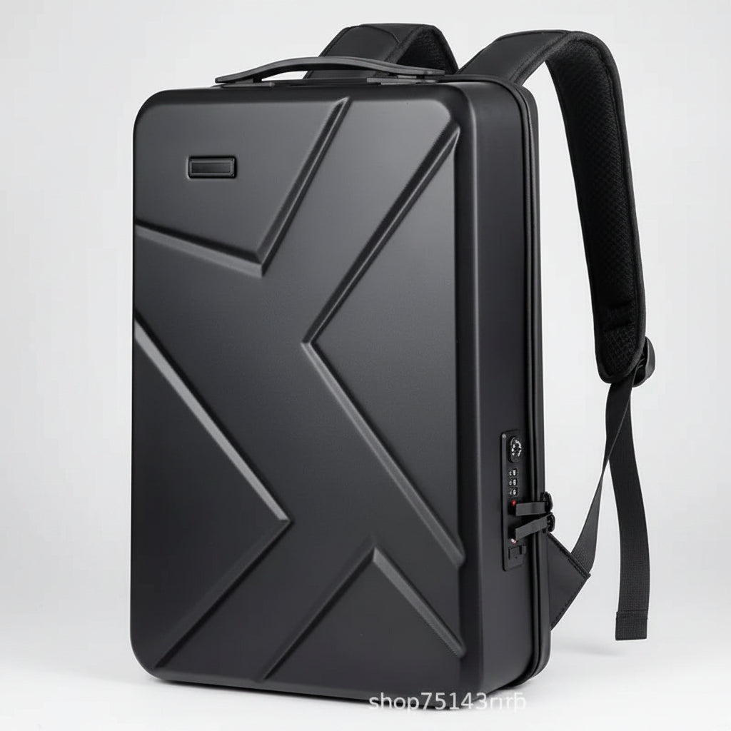 Black backpack with geometric design on a white background