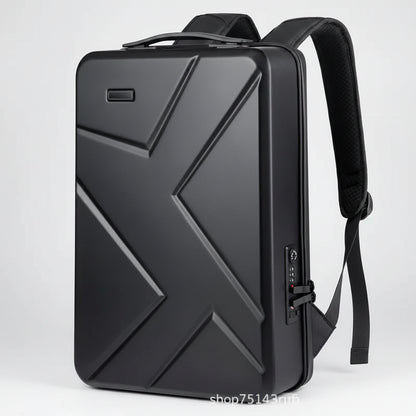 Black backpack with geometric design on a white background