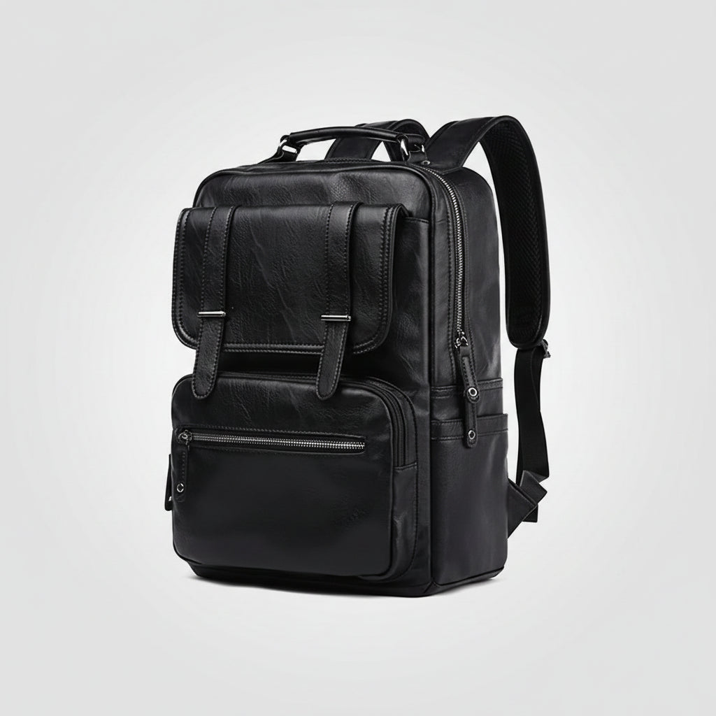 Black backpack with measurements on a white background