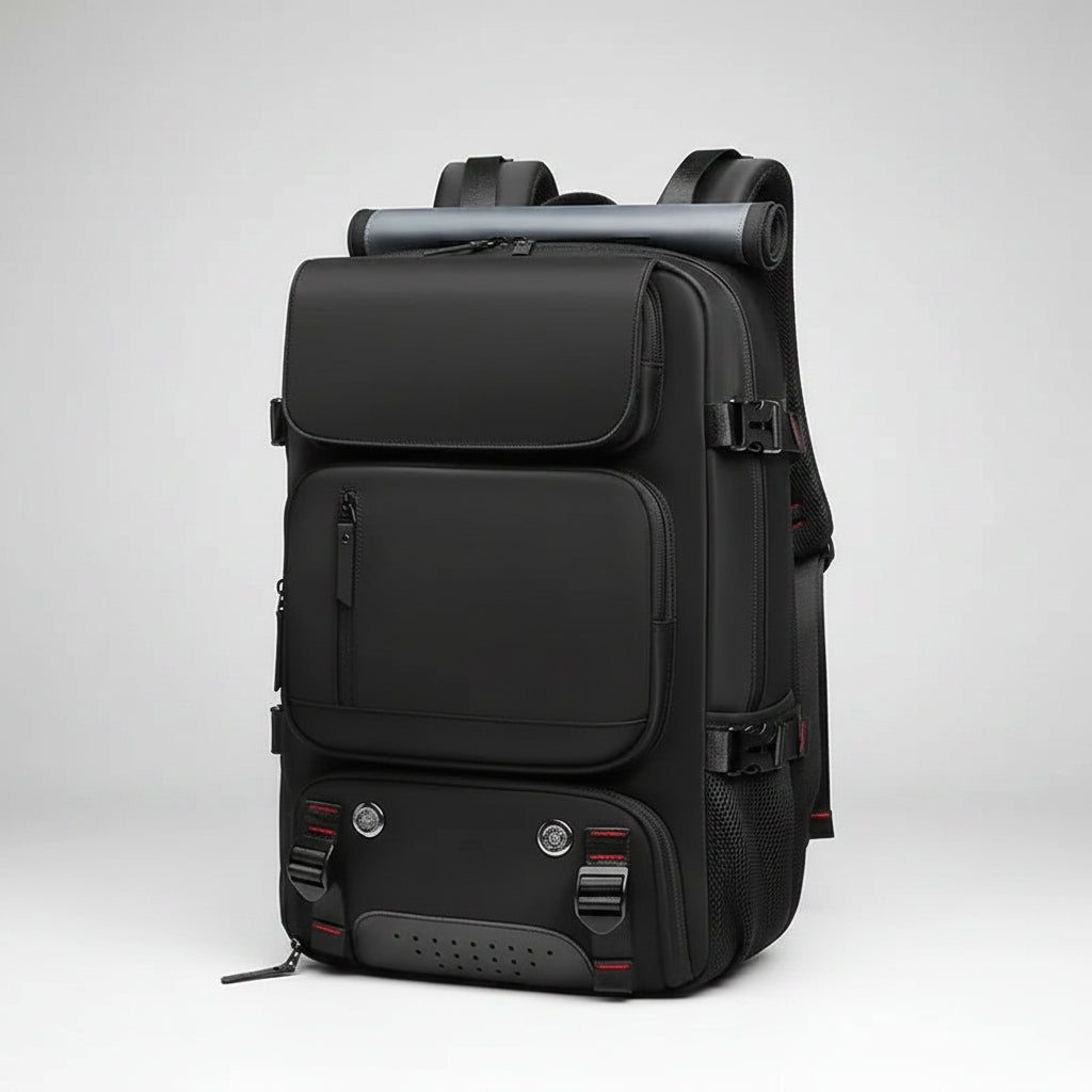 Black backpack with multiple compartments and a handle on a white background