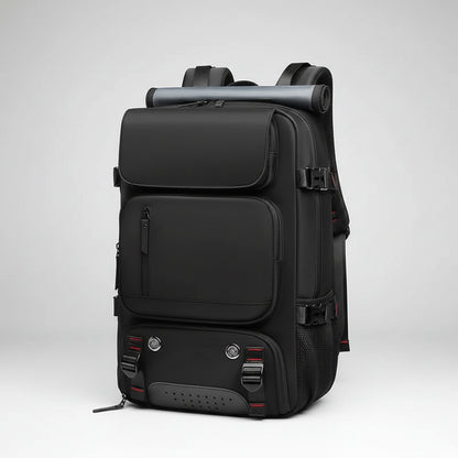Black backpack with multiple compartments and a handle on a white background
