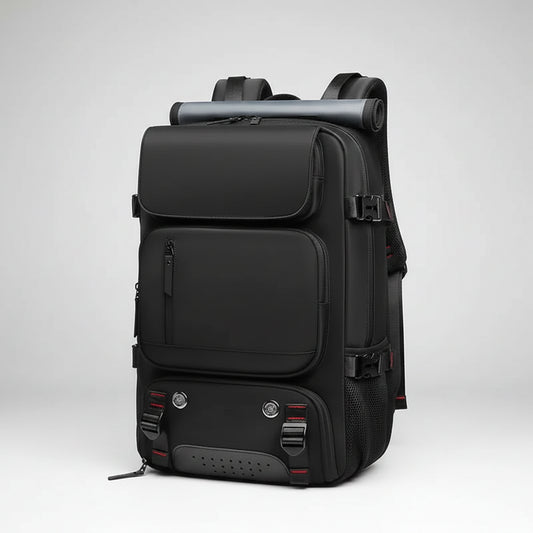 Black backpack with multiple compartments and a handle on a white background