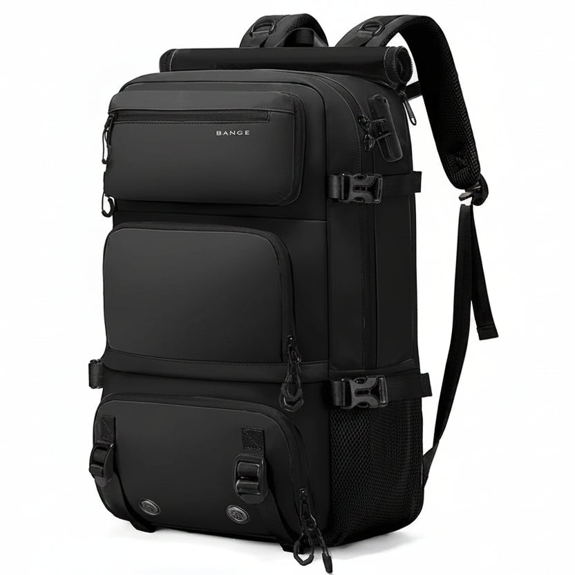 Black backpack with multiple compartments and straps on a white background, featuring the brand 'Bange'.