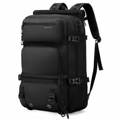 Black backpack with multiple compartments and straps on a white background, featuring the brand 'Bange'.