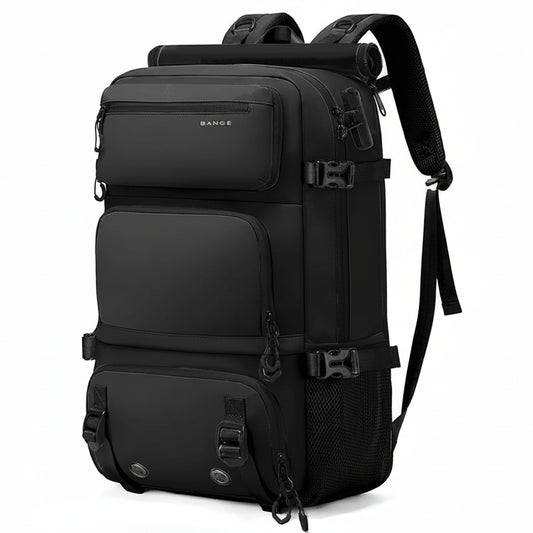 Black backpack with multiple compartments and straps on a white background, featuring the brand 'Bange'.