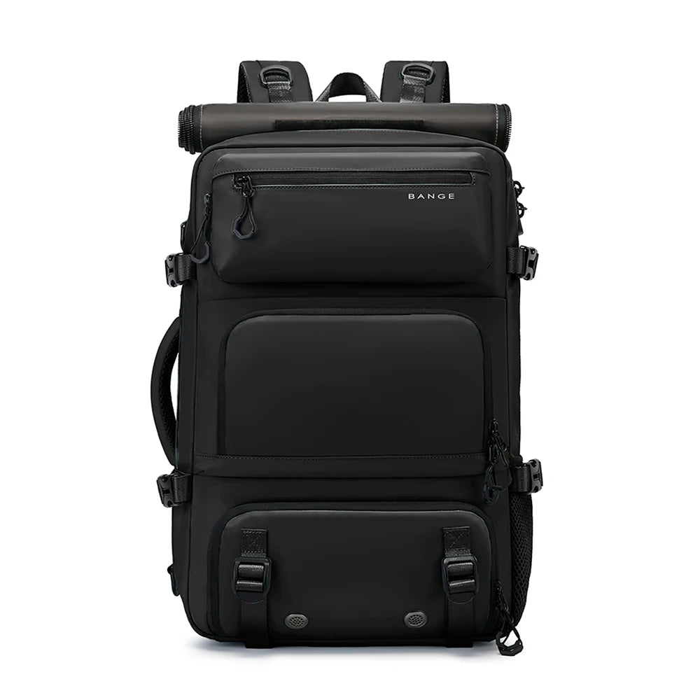 Black backpack with multiple compartments on a white background