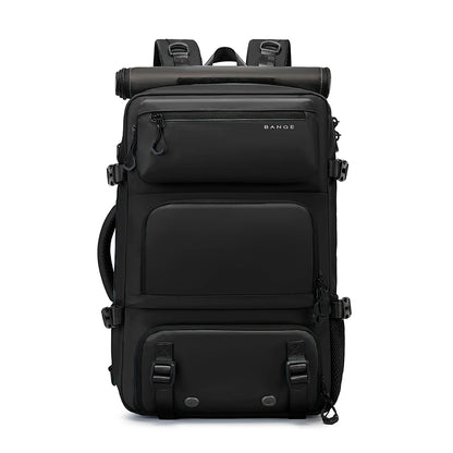 Black backpack with multiple compartments on a white background