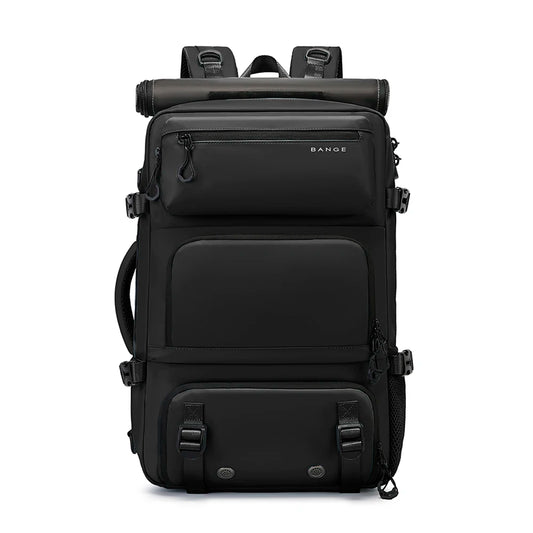 Black backpack with multiple compartments on a white background