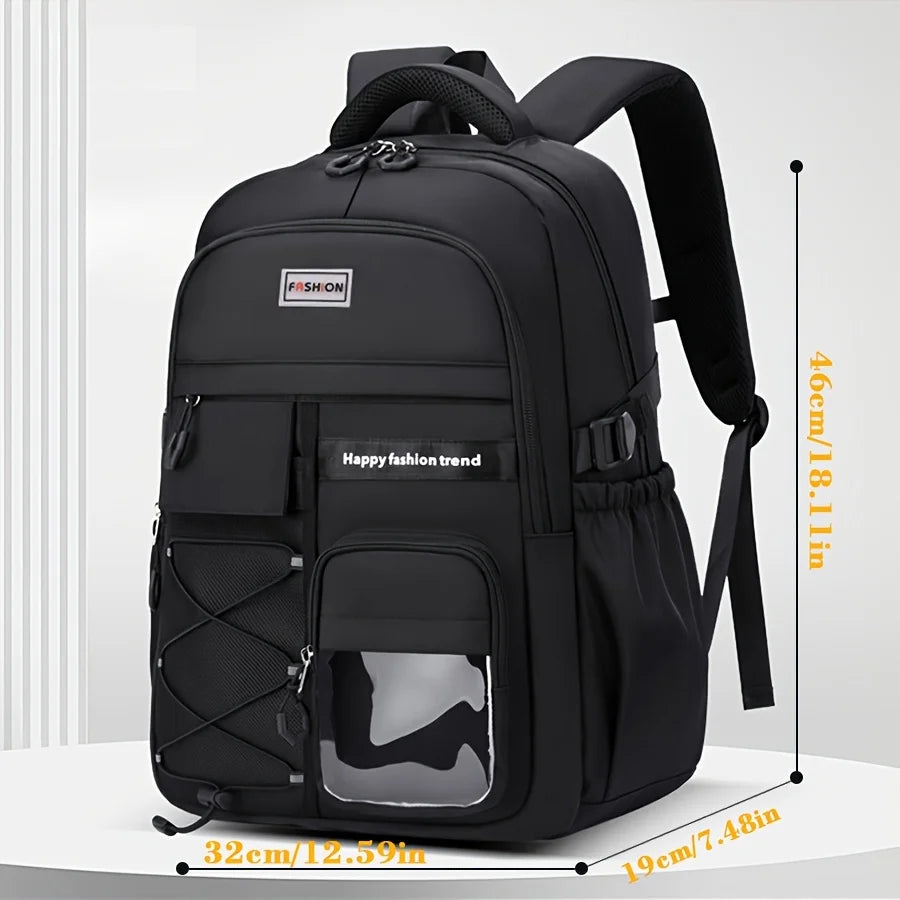 Black backpack with multiple compartments, side mesh pocket, and measurement annotations showing dimensions of 46cm height, 32cm width, and 19cm depth.