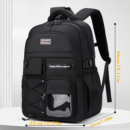 Black backpack with multiple compartments, side mesh pocket, and measurement annotations showing dimensions of 46cm height, 32cm width, and 19cm depth.