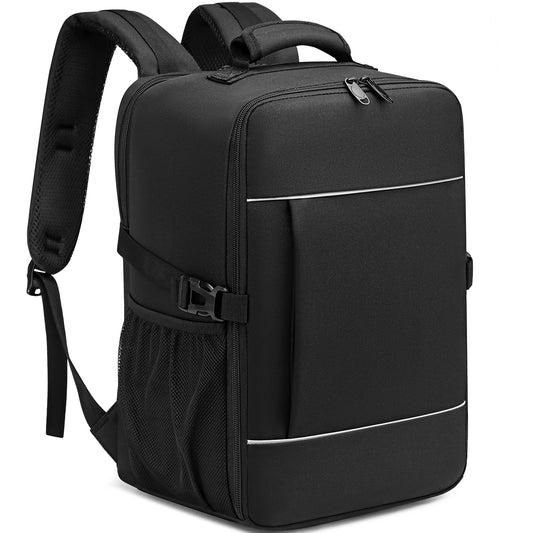 Black backpack with multiple pockets and straps on a white background