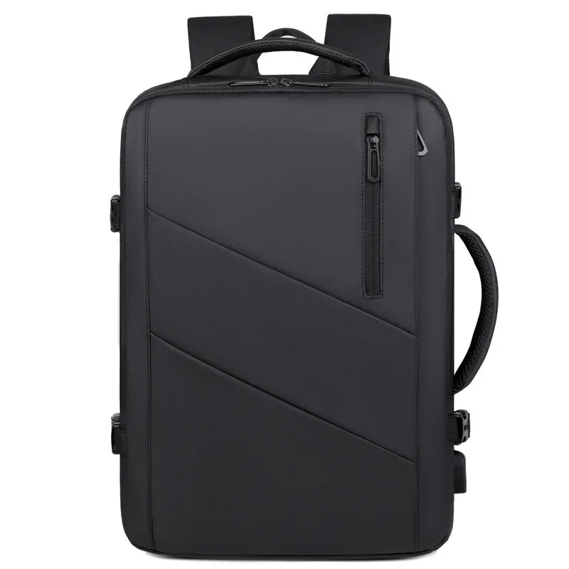 Black backpack with multiple zippers on a white background
