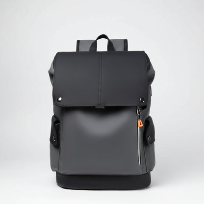Black backpack with orange zipper pull on a white background