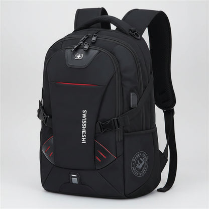 Black backpack with red accents and Swissshishi branding on a white background