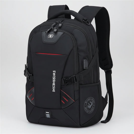 Black backpack with red accents and Swissshishi branding on a white background