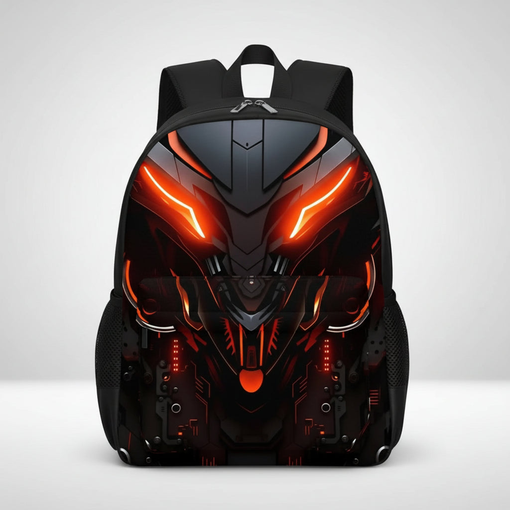 Black backpack with red and orange glowing accents on a white background