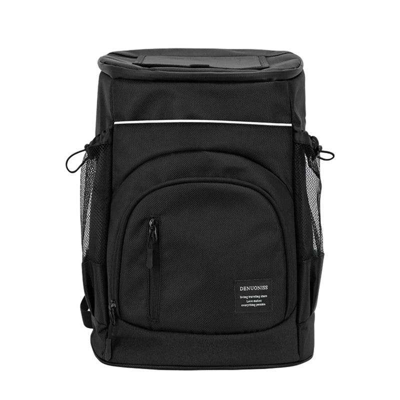Black backpack with visible brand name on a white background